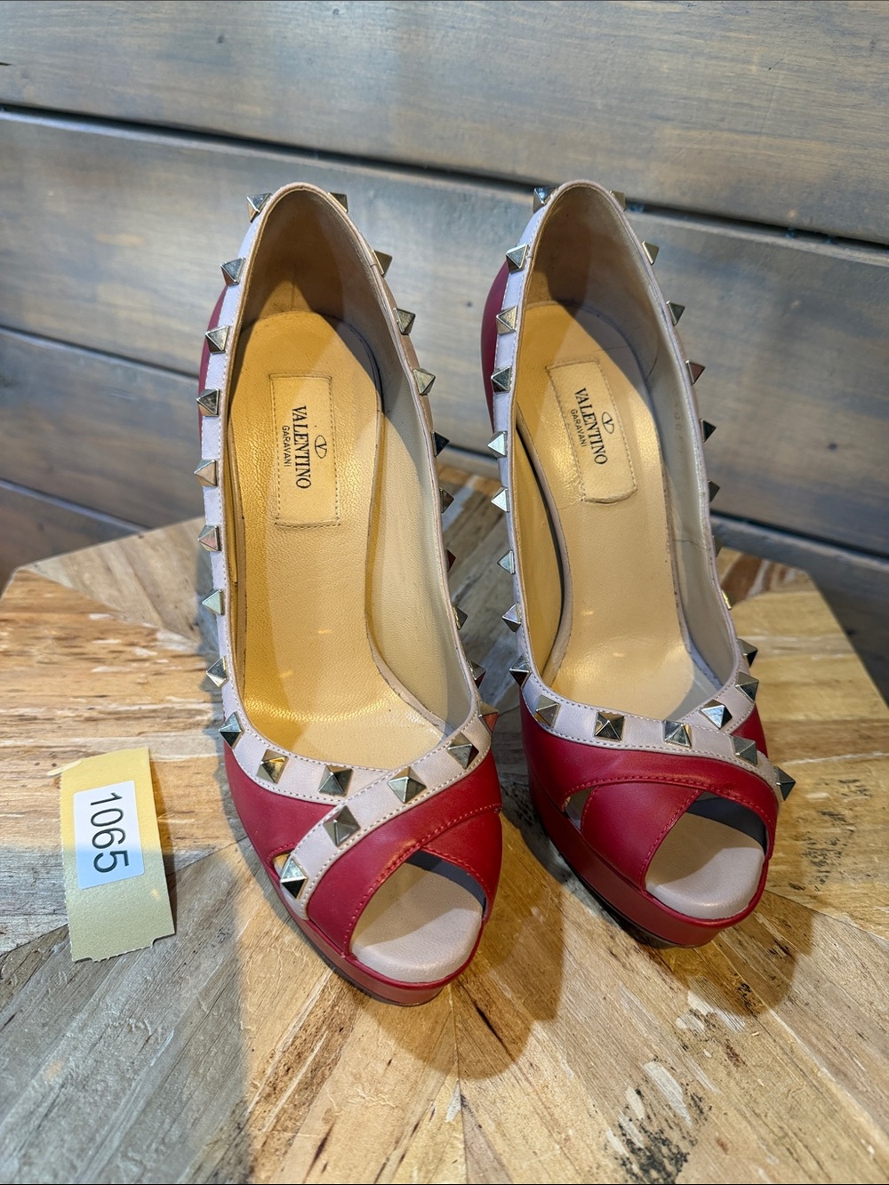 Valentino Red and Beige Rockstud Peep-Toe Heels